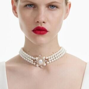 NWT Self Portrait Gold Faux Pearl Crystal Choker Baroque Necklace